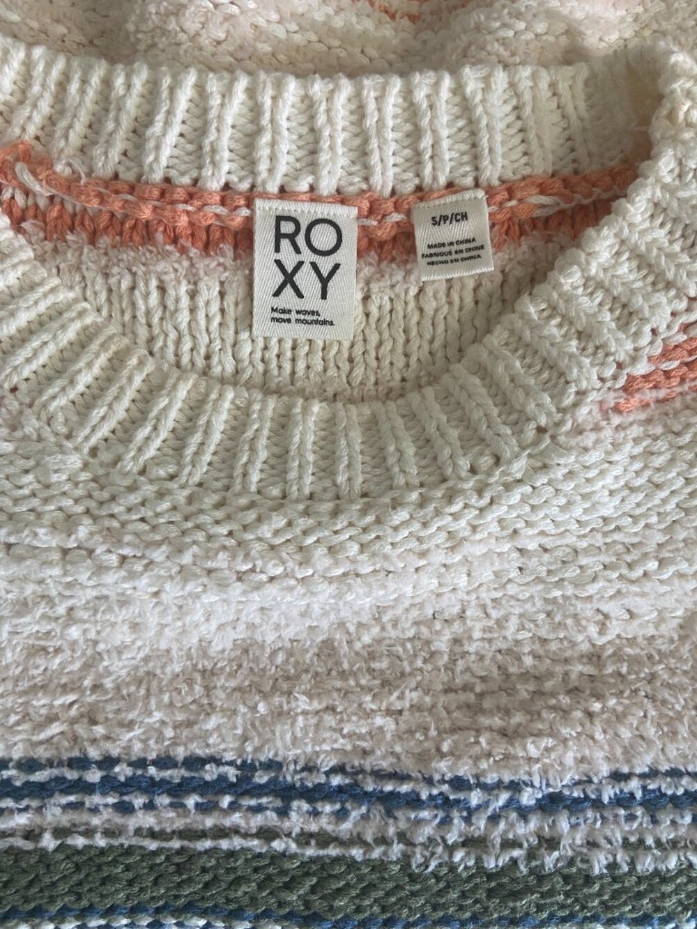 Roxy Sweater Blue Green Peach Cream Khaki - 100% cotton Sz Small Petite